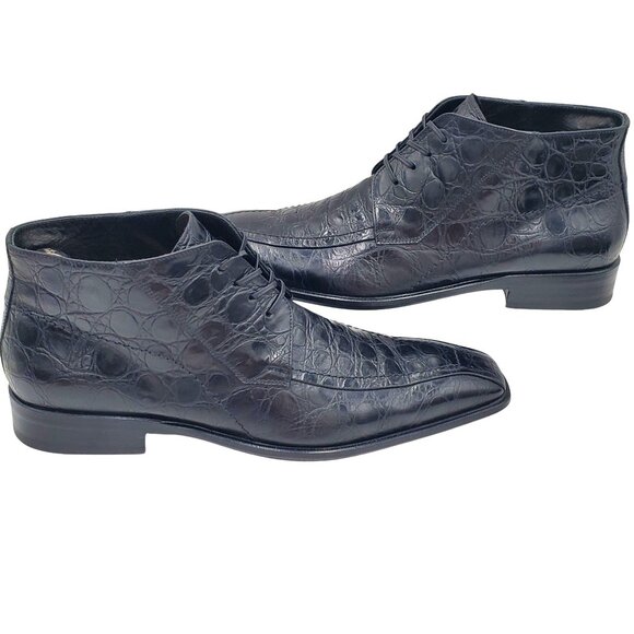 Italian Handmade Men's size 9 Black Crocodile Embossed Leather Chukka Boots 42 - Picture 1 of 11
